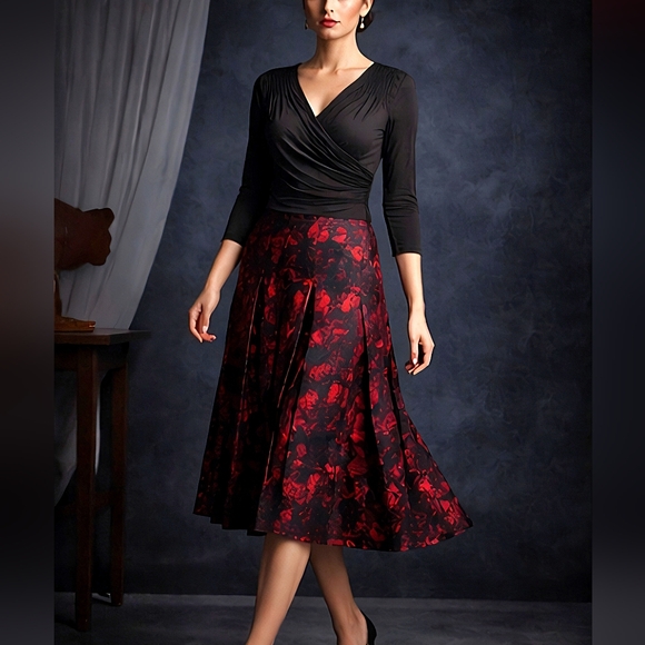 Long Tall Sally Red Floral Pleated Midi Skirt US 14 Silk-Feel Hidden Zip - Picture 2 of 11